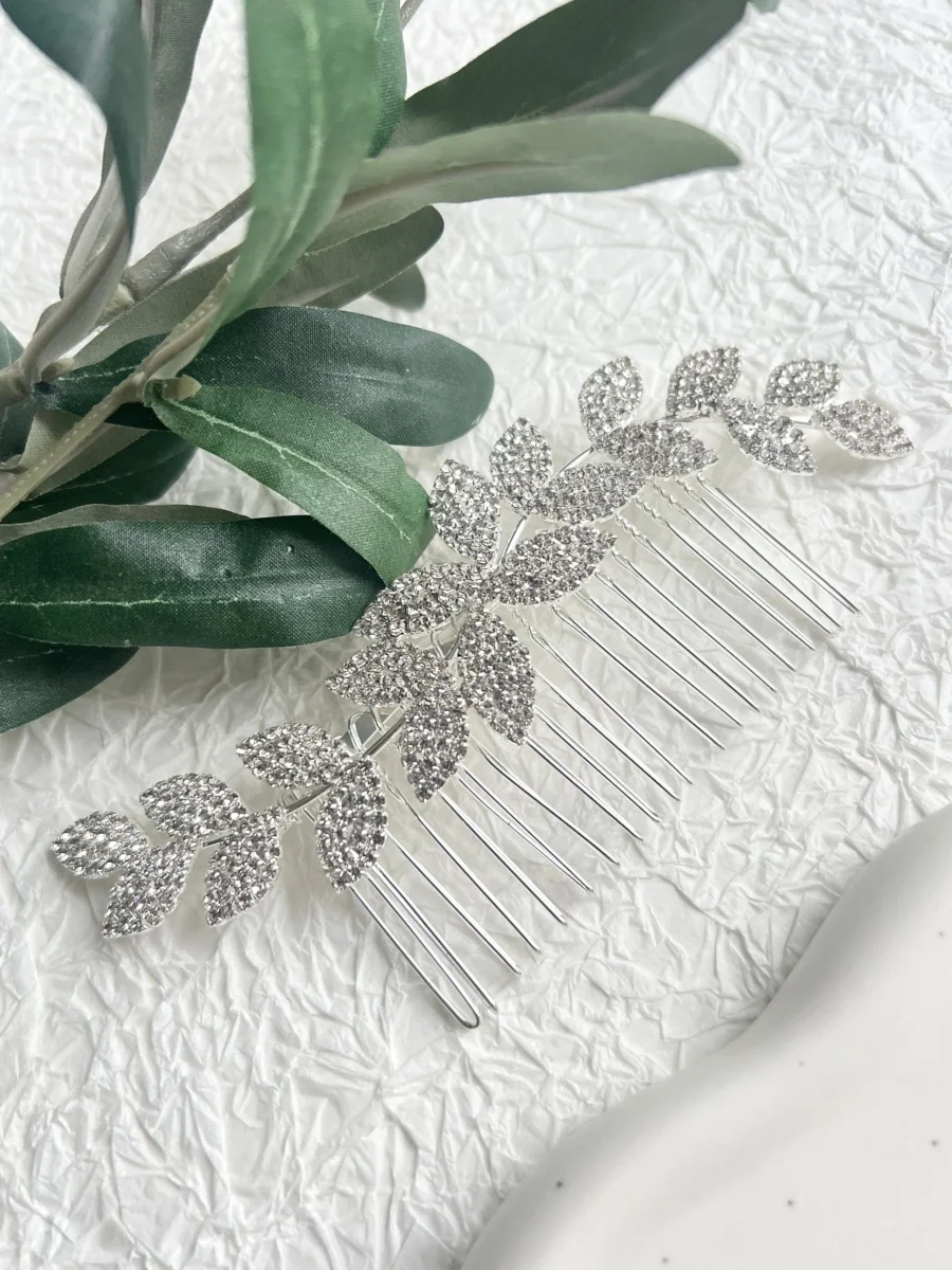 Braut Haarschmuck, Silber, Haarkamm mit Strasssteinen, Blätter Form