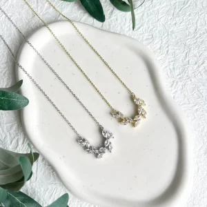 Braut Halskette, Cubic Zirconia, Gold oder Silber, Kette, Blätter, Brautschmuck
