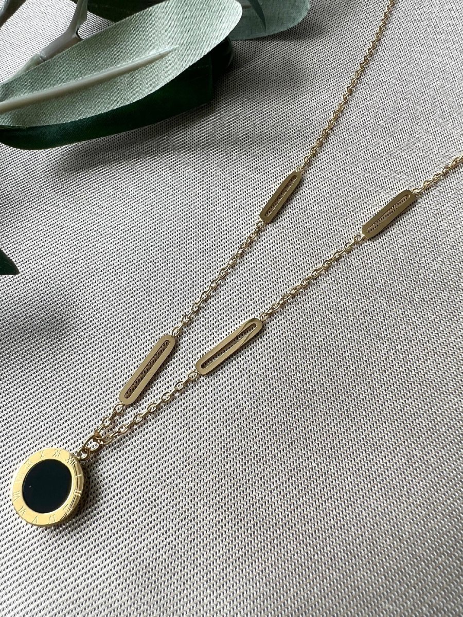 Halskette mit Anhänger, Gold, Wendehalskette Schwarz und Perlmutt