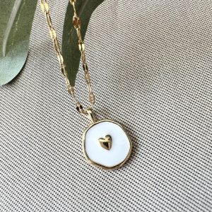 Zarte Halskette, Gold, runder Herzanhänger, Geschenk für Sie, weiß goldener Anhänger