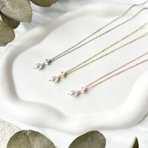 Halskette mit Perle, Gold, Silber oder Roségold, Brautschmuck, glänzend, eleganter Schmuck