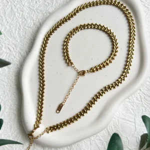 Set Halskette und Armband, Gold, breite Halskette, flache Gliederkette